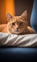 a cat is looking at the camera, while lying on a couch
