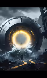a man walking into a portal in the middle of a desert