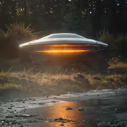 an alien object is pictured surrounded by trees and water