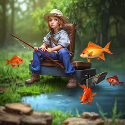 a painting of a little boy fishing in the pond,there is a young boy fishing on the lake