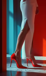 a woman in white dress standing next to a red wall