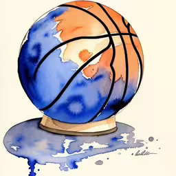 watercolor painting of basketball ball on a stand,a blue and orange ball painted with watercolors on a white surface,a watercolor painting of a basketball on top of a blue and white ball,a watercolor painting of a basketball,a drawing of a ball in a watercolor style