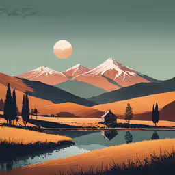 a painting of a mountain valley with a pond,painting of a small cabin by a pond at sunset