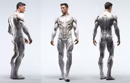 a man standing in the front and back views of another man,the white suit is the color of the man