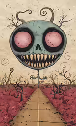 an illustration of a weird skull in the middle of a desert road