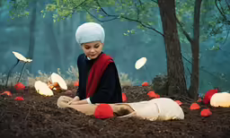 a young child is sitting in the middle of a forest