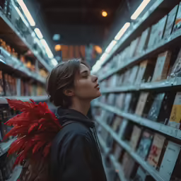 a person wearing a red feather is looking for books in a library