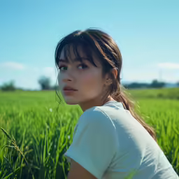 a woman sitting in a field posing for the camera