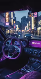 the interior of a vehicle with an electronic screen showing a city scene