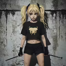 an animated rendering of a blonde doll with black clothes