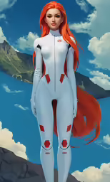 a cartoon girl in her blue and white bodysuit
