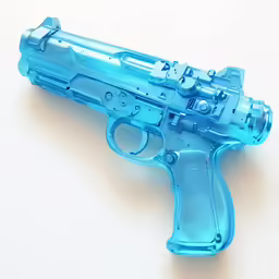 blue transparent toy gun sitting on a white surface