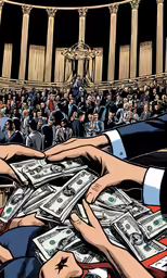 a large crowd of people and piles of money