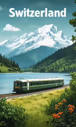 the green train passes a mountain lake with orange flowers