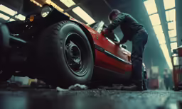 a man repairing the front wheel of a red sports car