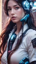 the girl is posing with headphones in her hair