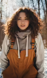 a woman wearing a tan coat and an orange bib pants