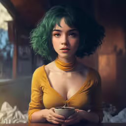 woman in yellow top holding white bowl with green hair