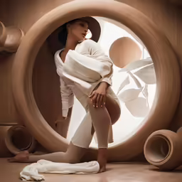 a woman in a white outfit posing in front of a sculpture
