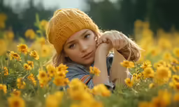a woman in yellow sits on the grass with yellow flowers