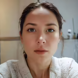 the woman looks at the camera while the woman is wearing a sweater