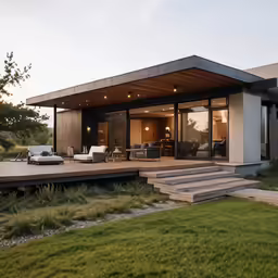 a covered patio with seating and steps leading to the living area
