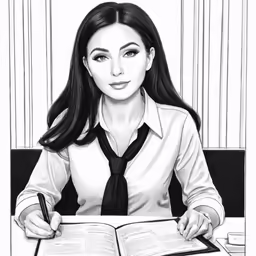 a woman in a business suit sitting at a table writing on paper