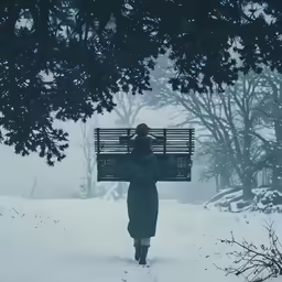 man in the snow carrying a bench in his back