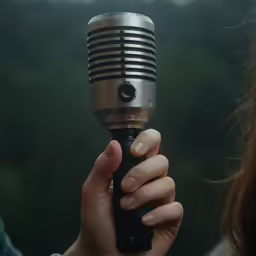 woman holding up a silver and black colored microphone