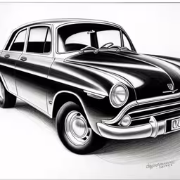 a black and white drawing of an old car,this is an artistic drawing of a black and white car