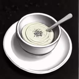 a bowl of cream sits on a saucer next to a spoon