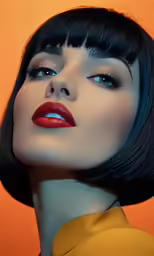 a woman is posing in front of a orange background