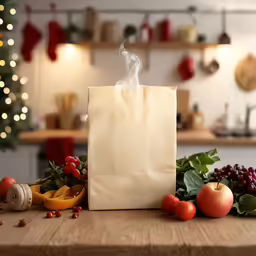 a bag sitting on top of a table filled with fruits and vegetables