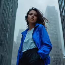 woman in rain coat looking out the windows