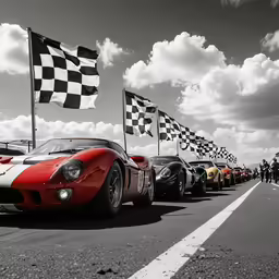 a group of people are gathered near several race cars