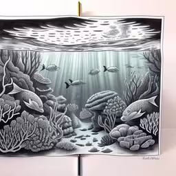 a drawing of an underwater scene by the ocean with corals
