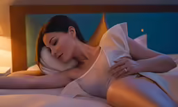 a woman laying on her stomach wearing her robe and pillow in her lap