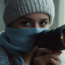 a woman in a gray top is holding a camera