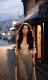 a woman wearing a long white blouse and pants walks on a sidewalk