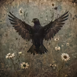 a black bird is flying towards some daisies
