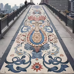 a view of a long decorative walkway on top of a city bridge