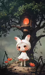a little white bunny wearing a white dress standing on the ground
