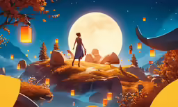 a girl stands on top of a hill with a lantern in the sky