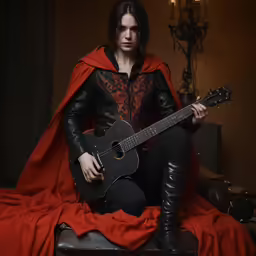 man with black and red jacket holding guitar