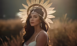 a beautiful girl in a headpiece with leaves and diamond beads