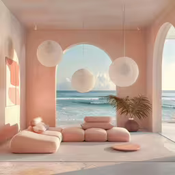 a pink room with white globes hanging above the bed,a living room has lots of hanging lamps and furniture