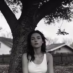 a woman sits underneath a tree in the grass