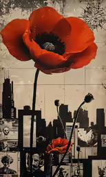 a painting with an artistic red flower in front of cityscape