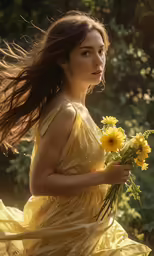 a girl with yellow dress holding flowers walking around