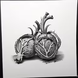 this is a black and white pencil drawing of two pumpkins